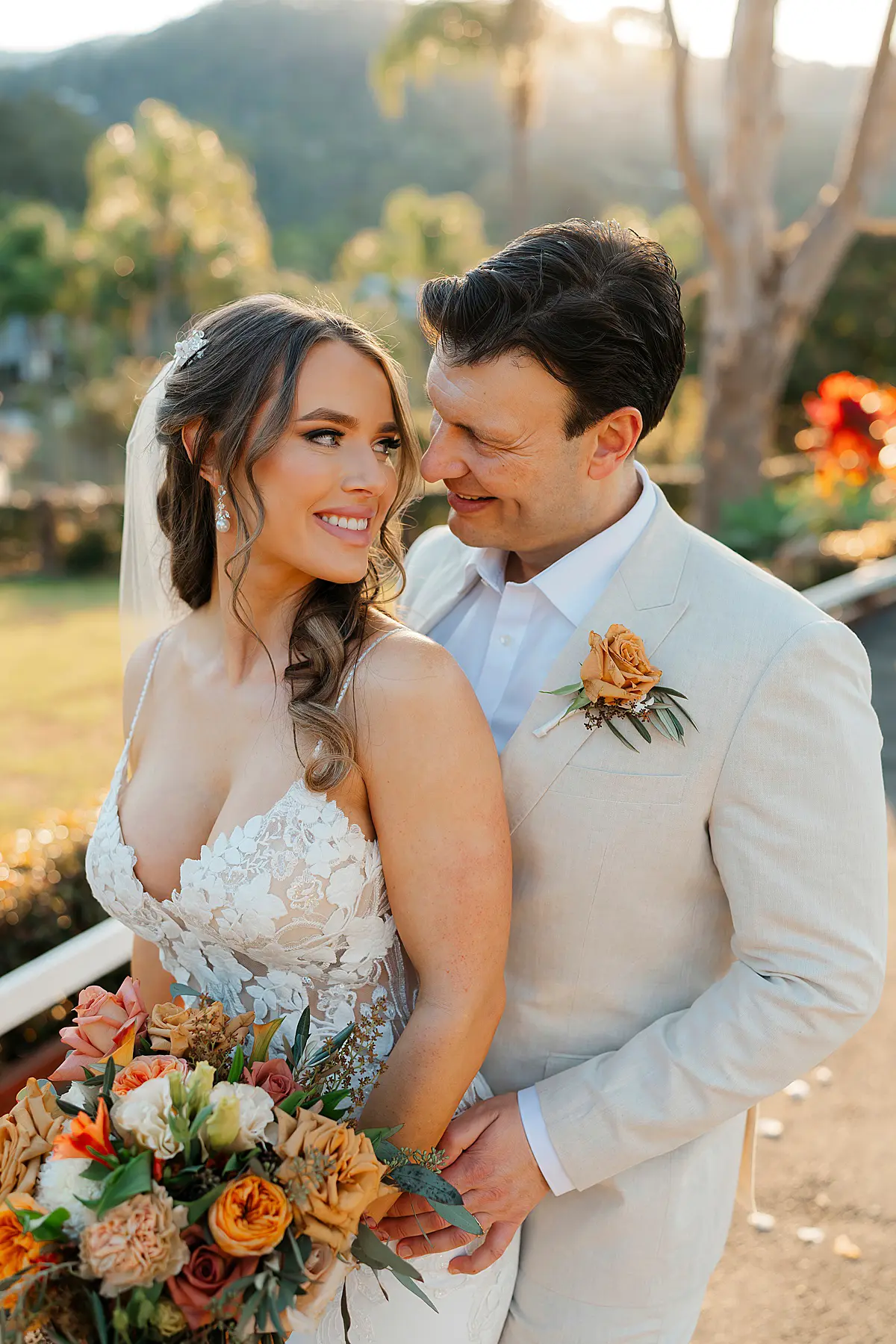 romantic image of bride and groom at their gold coast wedding