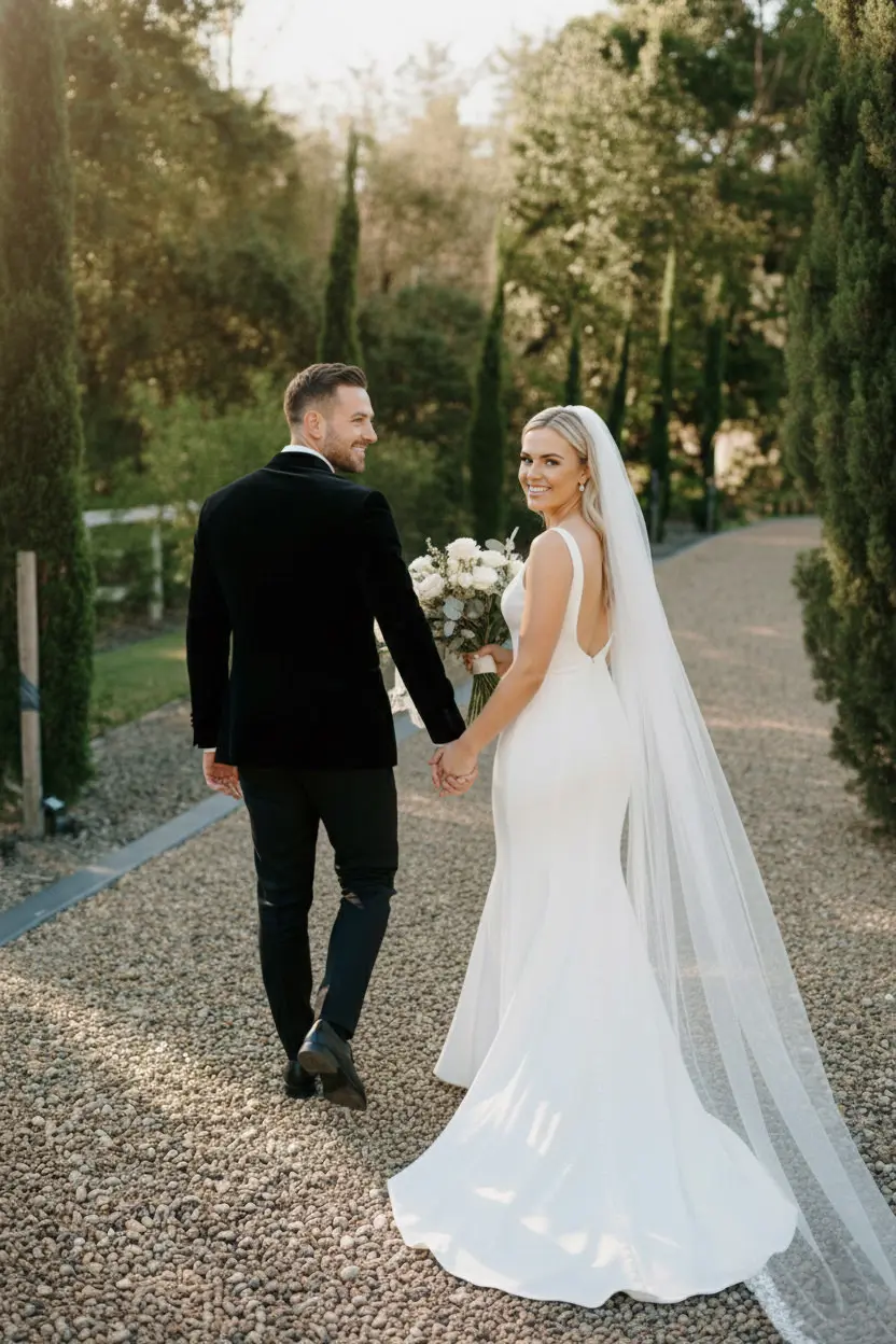 photo of a bride and groom walking hand-in-hand down a tree-lined gravel path at The Valley Estate wedding venue.