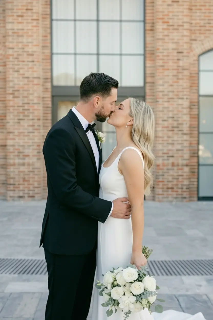 Groom kissing the bride outdoors against a brick building backdrop at The Valley Estate on the Gold Coast.